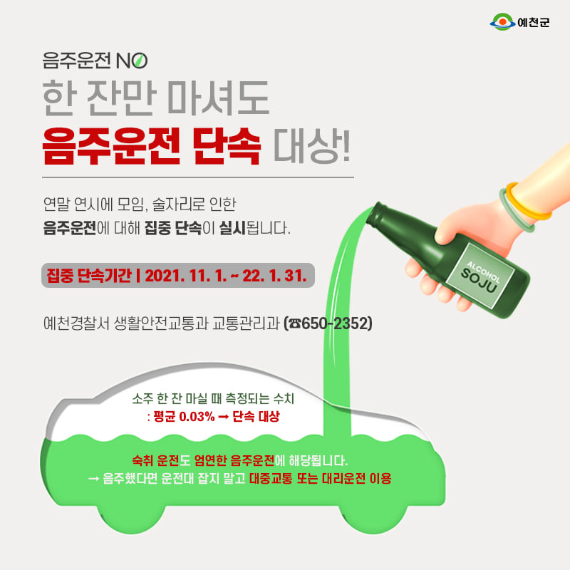 1.연말 연시에 모임, 술자리로 인한 음주운전에 대해 집중 단속이 실시됩니다.